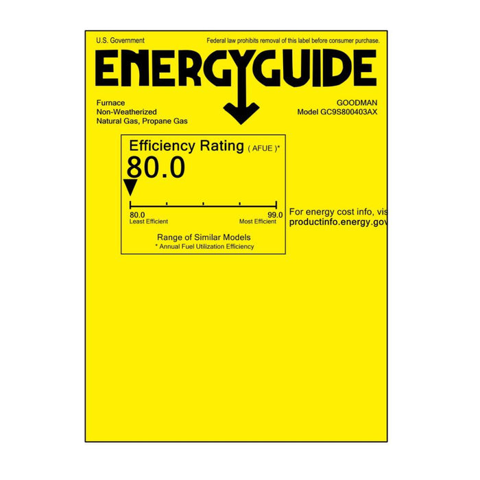 1.5 Ton 14.5 SEER2 Goodman AC GSXH501810 and 80% AFUE 40,000 BTU Gas Furnace GC9S800403AX Horizontal System with Coil CHPTA1822A4 - Furnace Energy Label