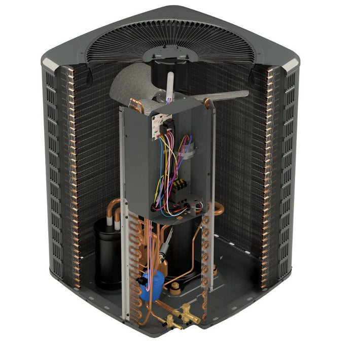 1.5 Ton 14.5 SEER2 Goodman AC GSXH501810 and 92% AFUE 40,000 BTU Gas Furnace GM9S920403AN Horizontal System with Coil CHPTA1822B4 - Condenser Inside View