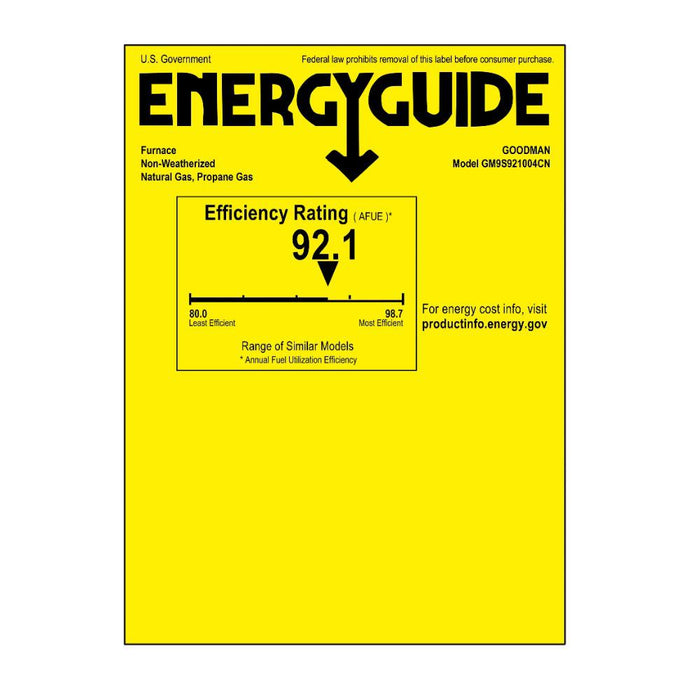 3 Ton 15.2 SEER2 Goodman AC GSXH503610 and 92% AFUE 100,000 BTU Gas Furnace GM9S921004CN Horizontal System with Coil CHPTA3630C4 - Furnace Energy Label