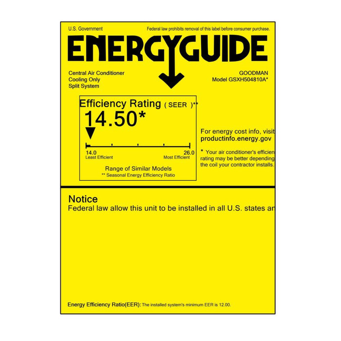 4 Ton 13.8 SEER2 Goodman AC GSXH504810 and Vertical Coil CAPT4961C4 - Energy Guide Label