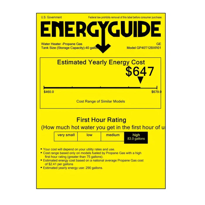 GE RealMAX Atmospheric Platinum Model 40 Gallon Capacity 36,000 BTU Heating Input Tall Liquid Propane Water Heater - Energy Guide Label