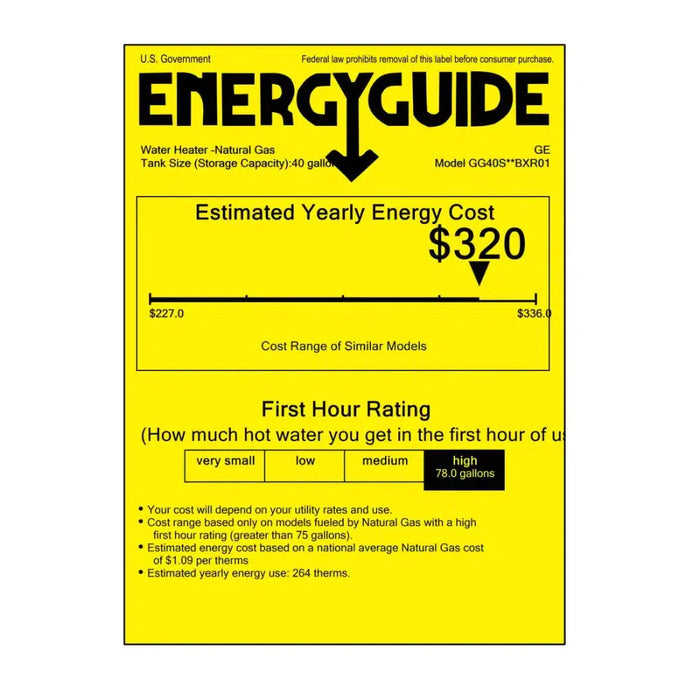 GE RealMAX Atmospheric Platinum Model 40 Gallon Capacity Short Natural Gas Water Heater - Energy Guide Label