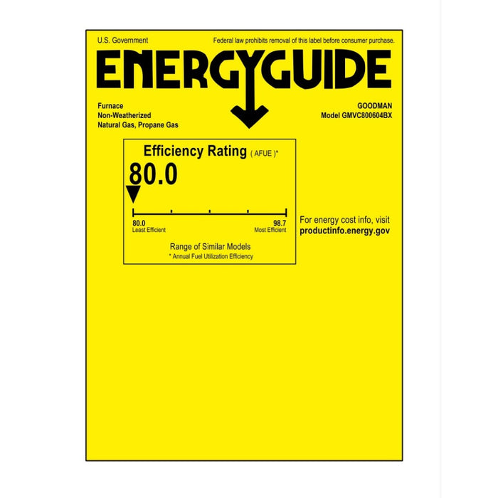 2 Ton 14.4 SEER2 Goodman Heat Pump GSZB402410 and 80% AFUE 60,000 BTU Gas Furnace GMVC800604BX Horizontal System with Coil CHPTA2426C4 - Furnace Energy Label