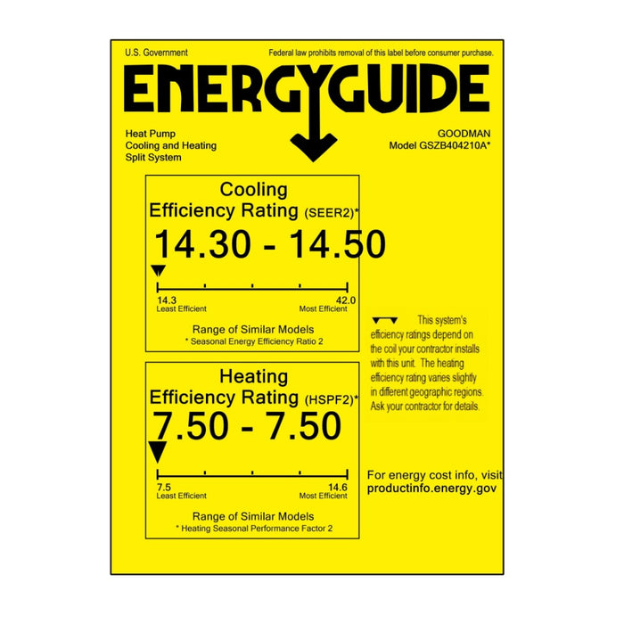 3.5 Ton 14.5 SEER2 Goodman Heat Pump GSZB404210 with Multi-Position Air Handler AMST42CU1400 - Energy Guide Label