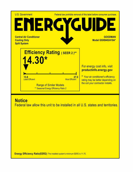 Goodman 2 Ton 14.3 SEER2 Single-Stage Air Conditioner Condenser GSXB402410 - Energy Guide Label