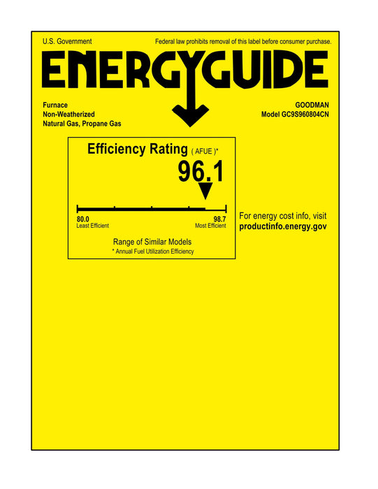 Goodman 96% AFUE 80,000 BTU Single Stage Low NOx Gas Furnace - Downflow/Horizontal