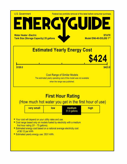 State EN6-40-DOLBS Proline Series 38 Gallon Capacity 4.5 kW Heating Input Lowboy Top Connect Electric Water Heater