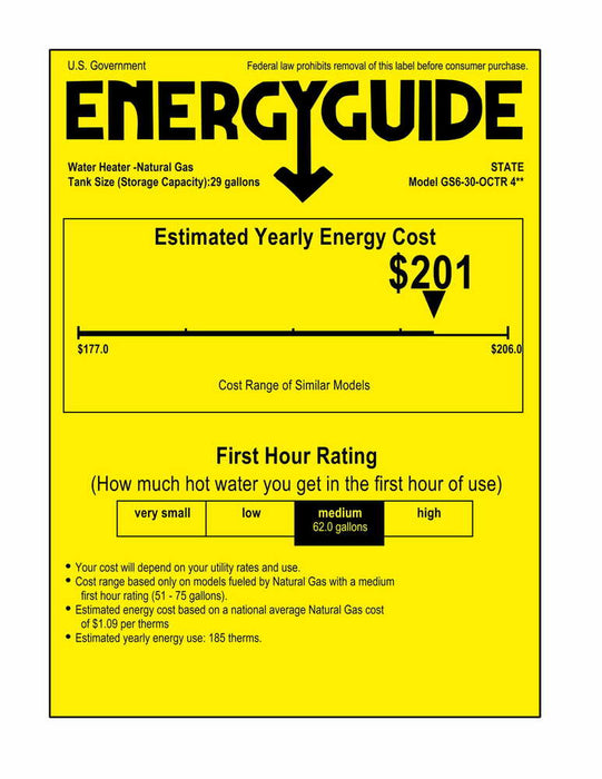 State GS6-30-OCTR Proline Atmospheric Vent Series 30 Gallon Capacity 32,000 BTU Heating Input Tall Gas Water Heater