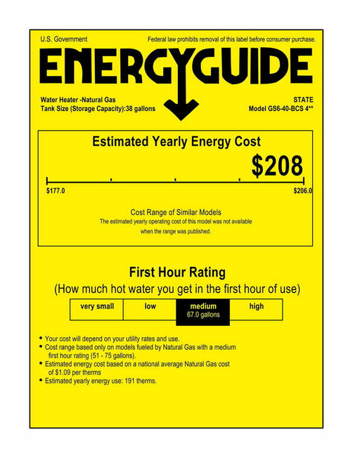 State GS6-40-BCS Proline Atmospheric Vent Series 40 Gallon Capacity 40,000 BTU Heating Input Short Gas Water Heater