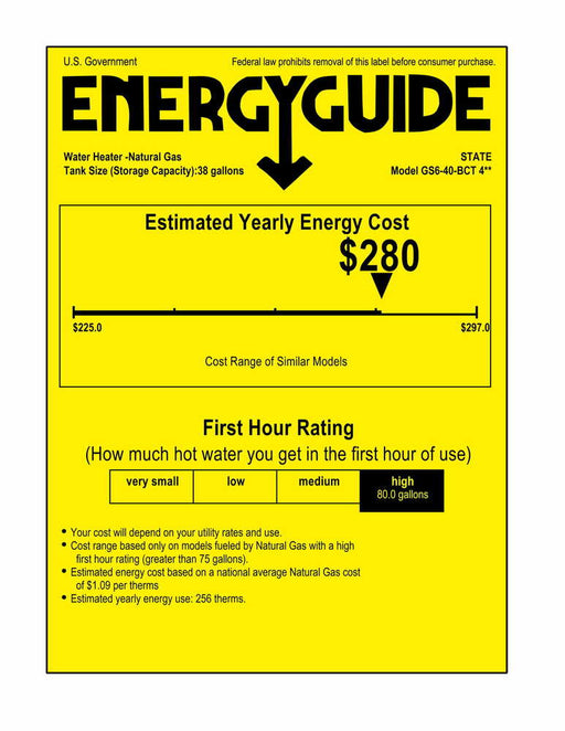 State GS6-40-BCT Proline Atmospheric Vent Series 40 Gallon Capacity 40,000 BTU Heating Input Tall Gas Water Heater