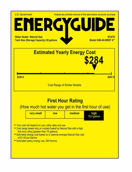 State GS6-40-BRBT Proline Atmospheric Vent Series 40 Gallon Capacity 40,000 BTU Heating Input Skinny Gas Water Heater