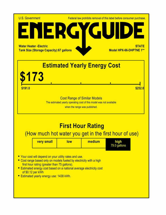 State HPX-66-DHPTNE Proline XE Series 66 Gallon Capacity 4.5 kW Heating Input Hybrid Electric Heat Pump Water Heater